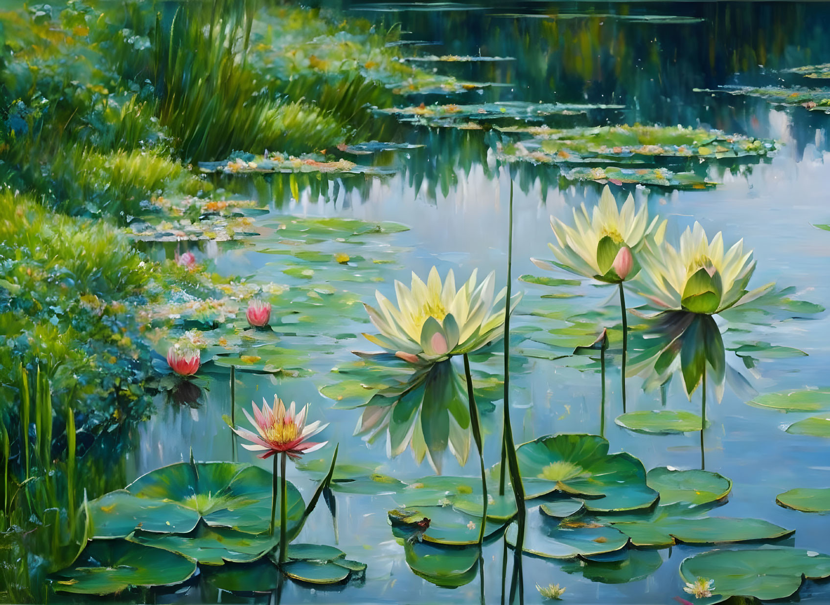 Tranquil pond with lotus flowers and lily pads on a clear day