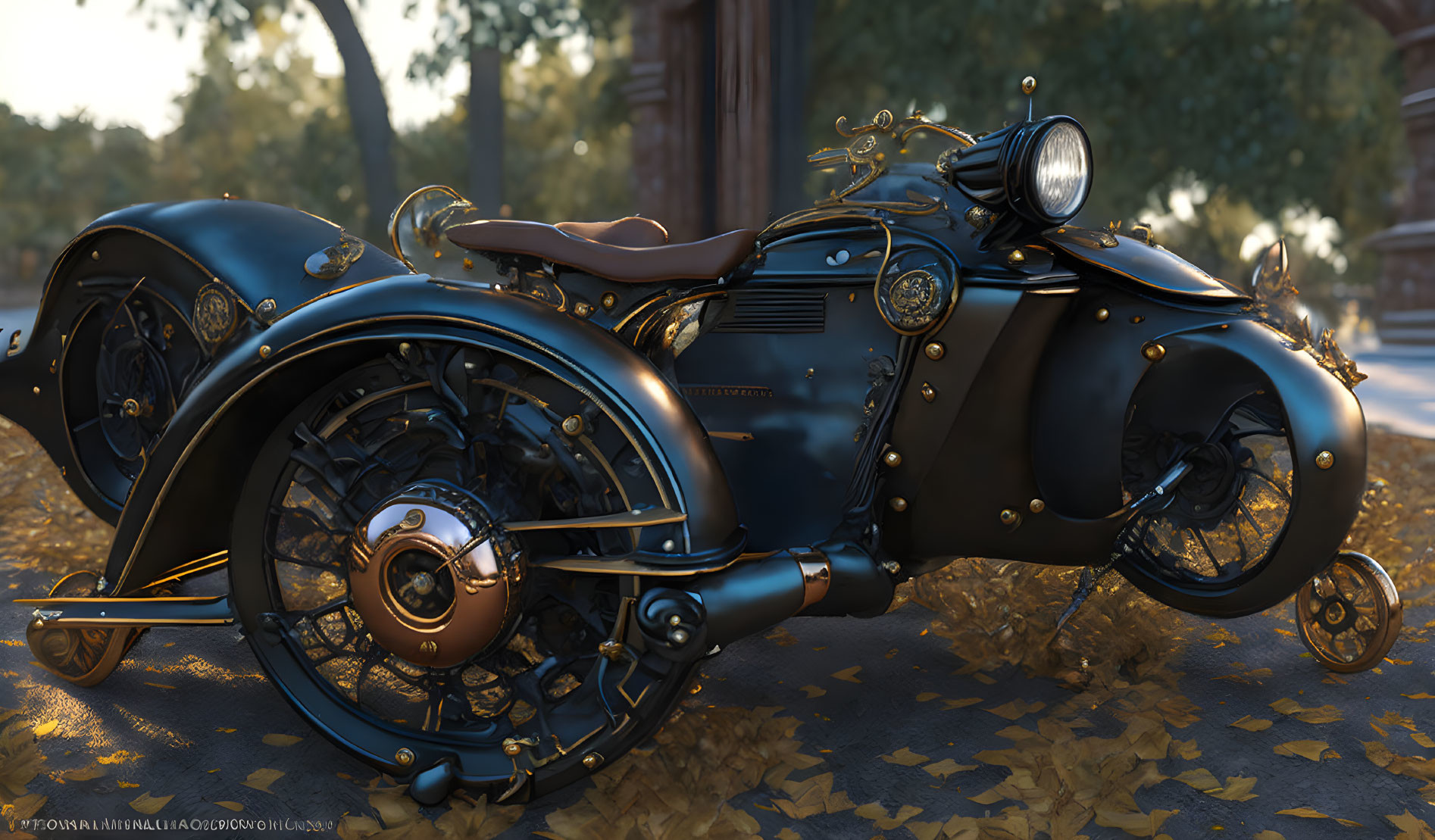 Vintage black motorcycle on autumn leaves with gleaming chrome details.