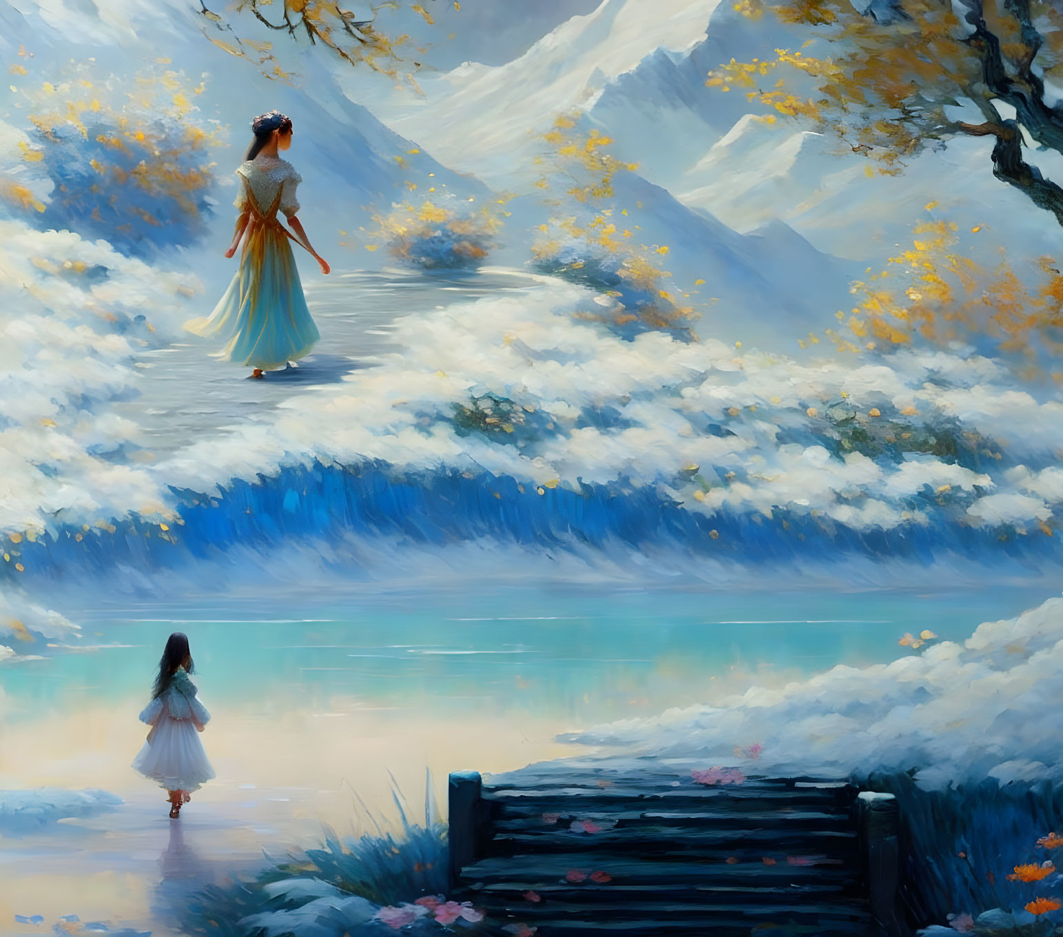 Woman in flowing dress by tranquil lake with child in picturesque landscape