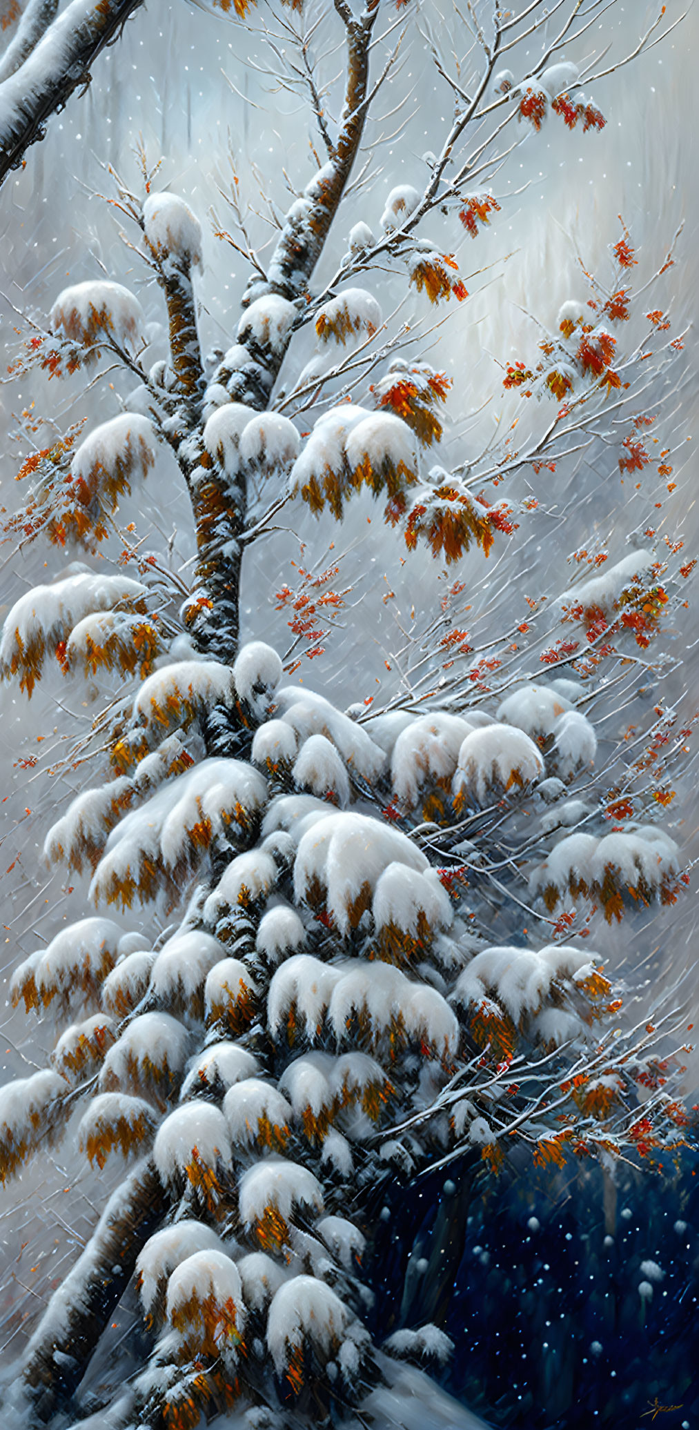 Snow-covered tree with orange leaves in gentle snowfall against cold winter blue tones