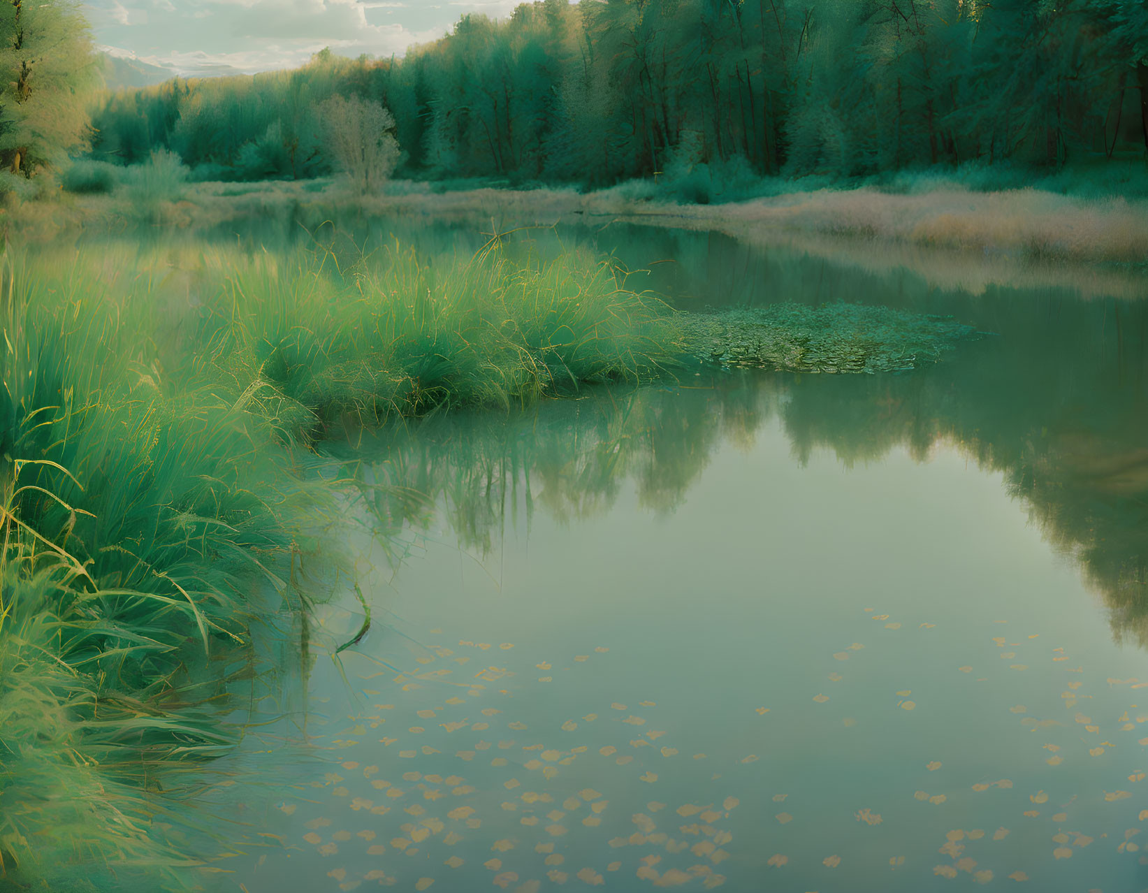 Serene Lake Scene: Reflecting Trees, Green Grass, Glowing Light