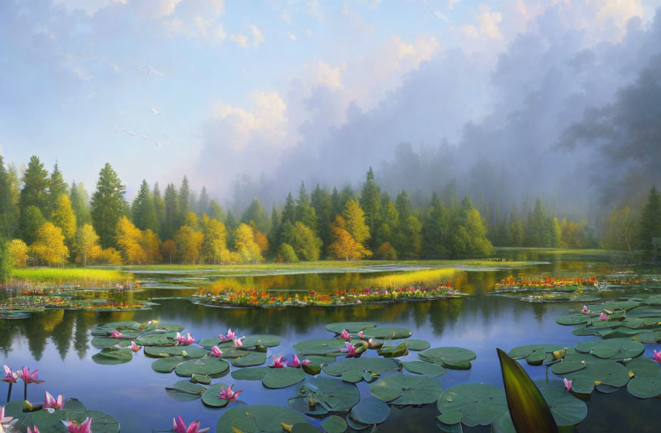 Tranquil lake with blooming water lilies in misty forest scenery