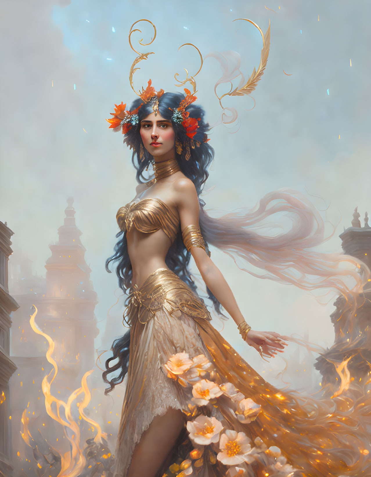 Ethereal woman with flowing hair and fiery flowers against blue sky