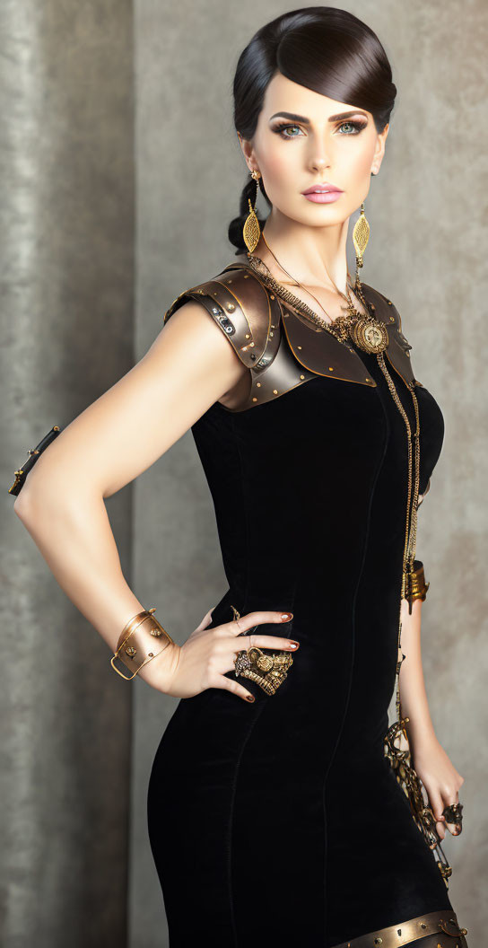 Stylish woman in black dress with gold embellishments and bold jewelry poses against textured backdrop