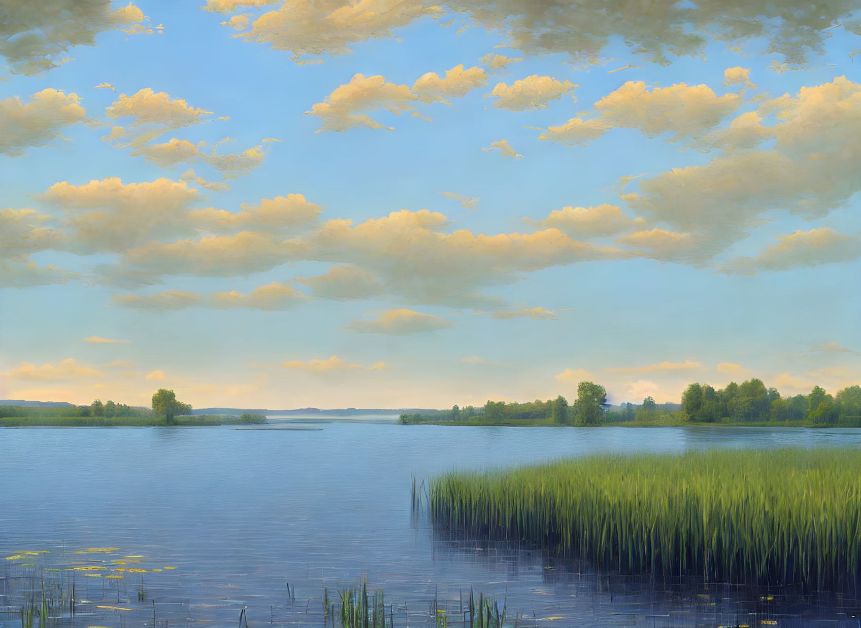 Tranquil Lake Scene with Reeds, Clouds, and Distant Trees