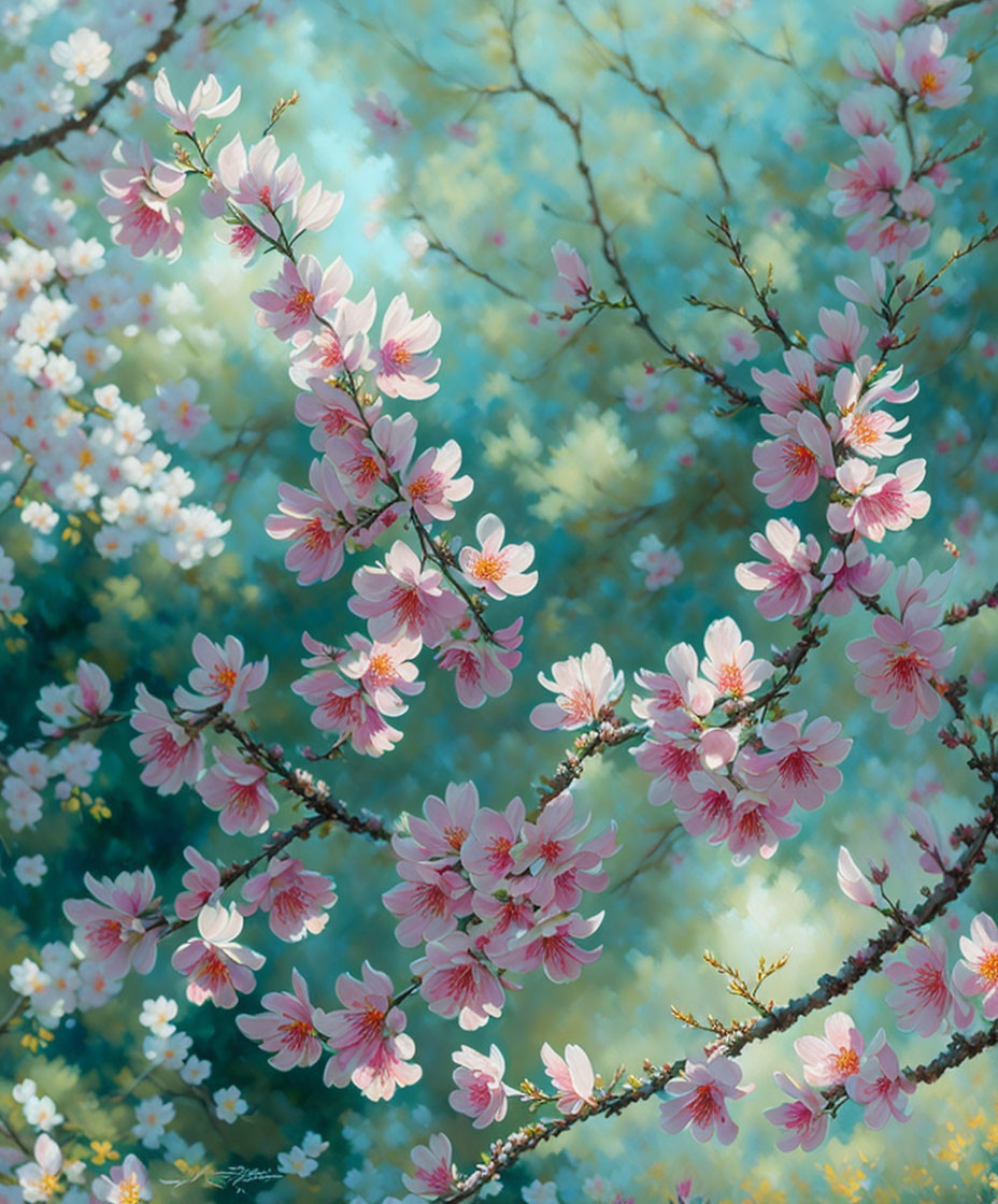 Pink Flowers on Branches with Bokeh Background of Green Foliage and Sky