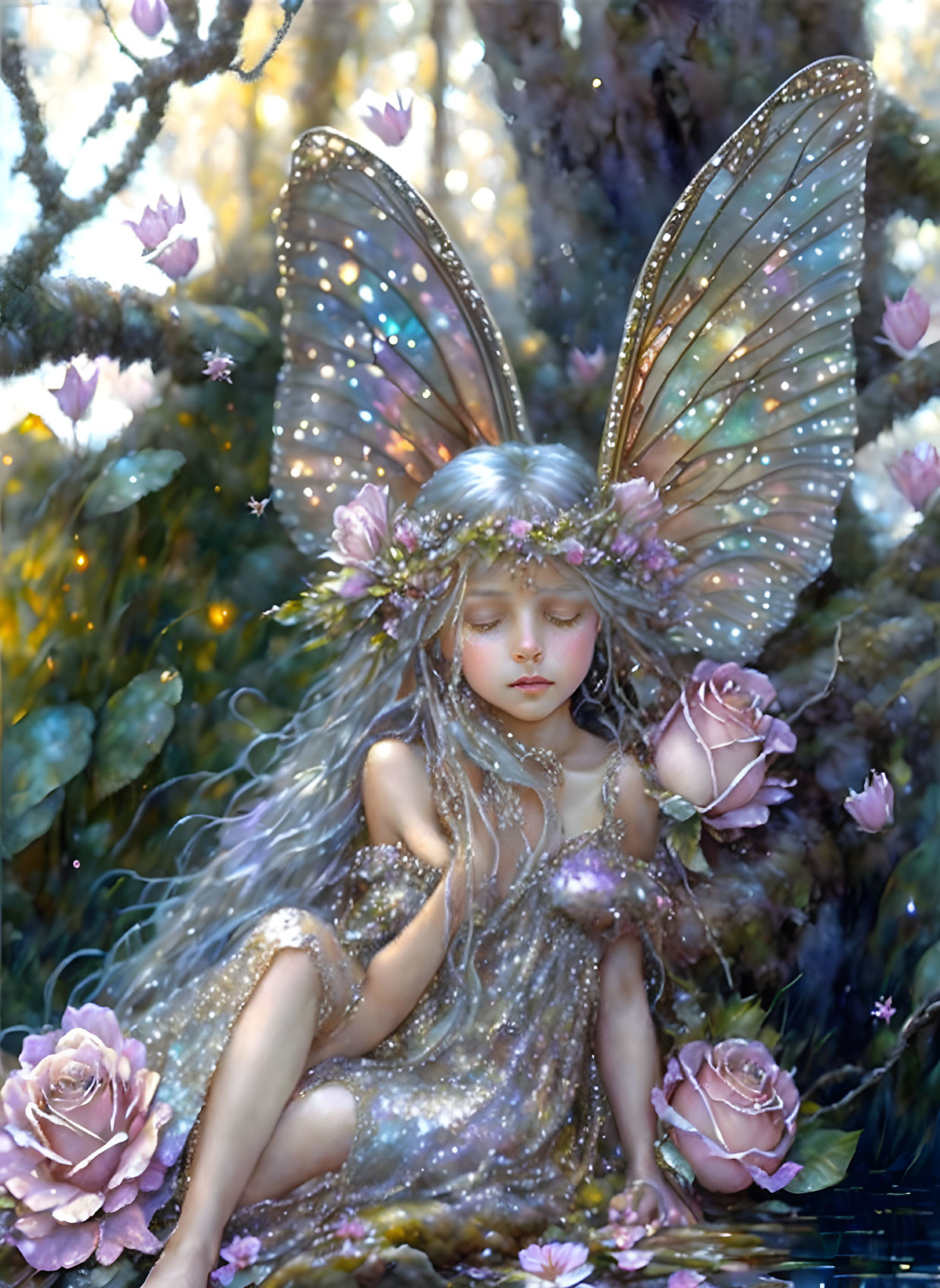 Delicate fairy with iridescent wings in floral forest.