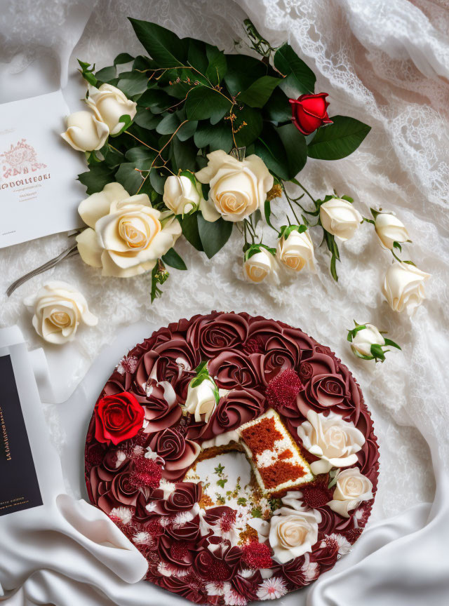 Elegant cake with rose designs and white flowers next to a red rose and invitation on lacy fabric