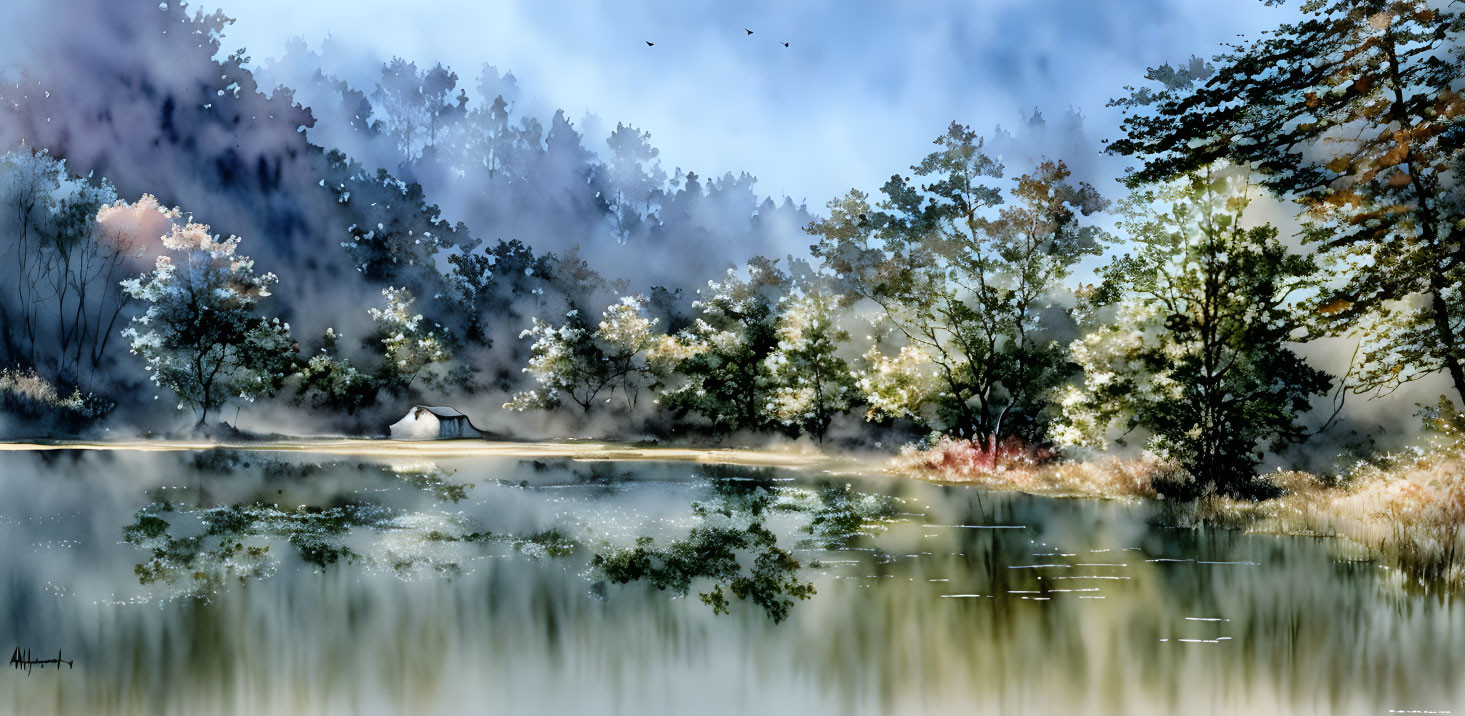 Tranquil forest scene with blossoming trees and calm lake