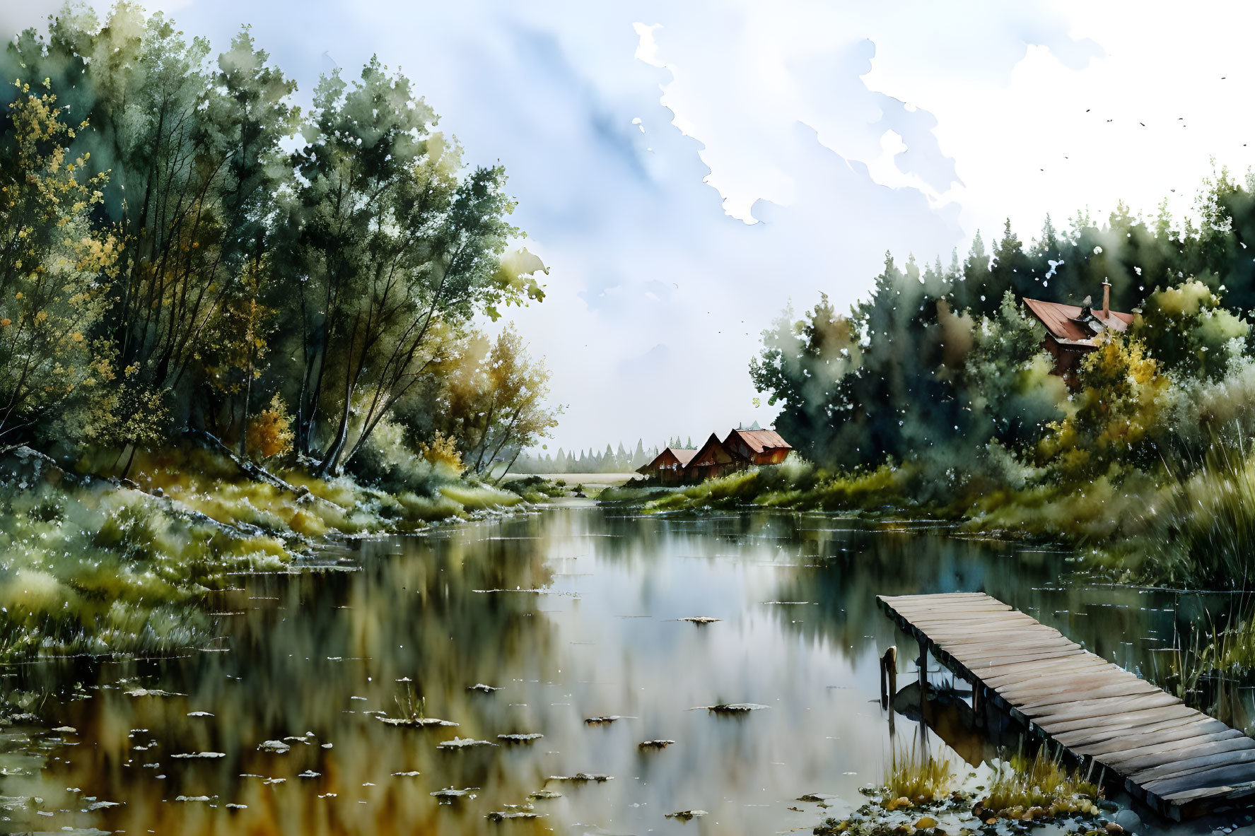 Autumn Scene: Tranquil Lake with Wooden Pier and Colorful Trees