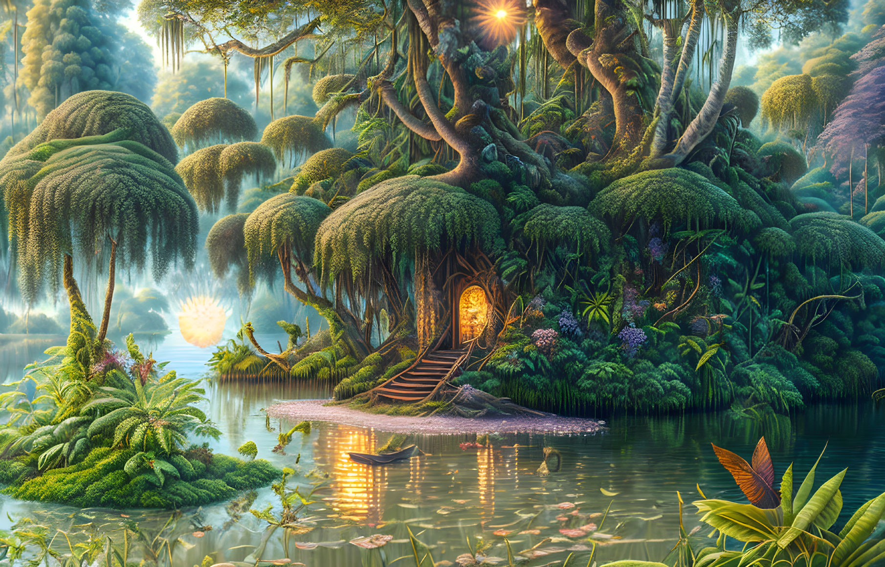 Enchanting forest with treehouse, river, lily pads, and glowing orb at dawn