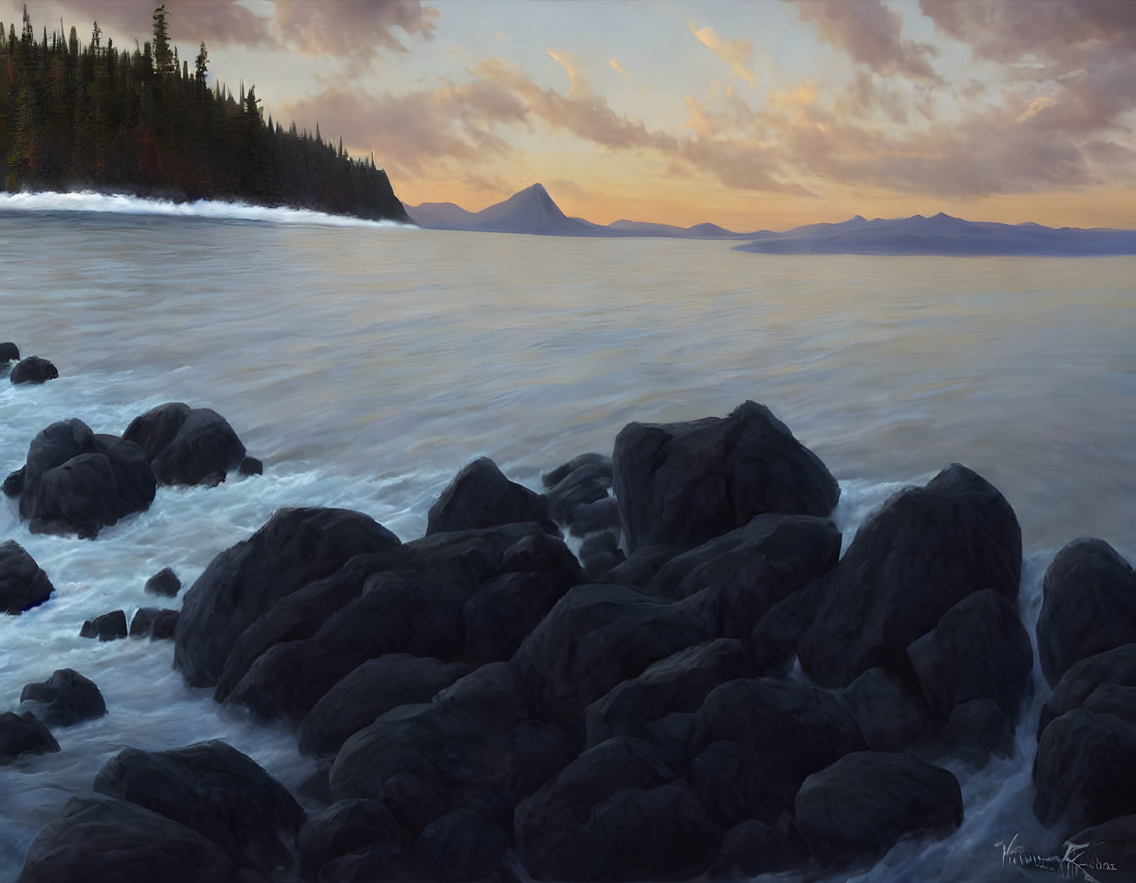 Scenic sunset over rocky shoreline with crashing waves, dense forest, and distant mountains under warm pastel