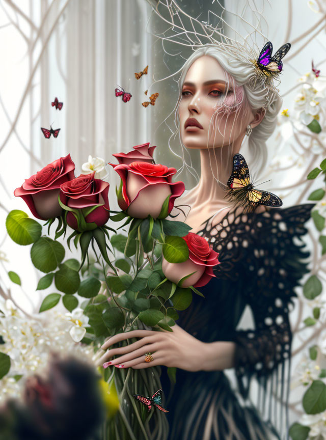 Digital artwork featuring pensive woman with pale skin and white hair amidst red roses and butterflies in ethereal