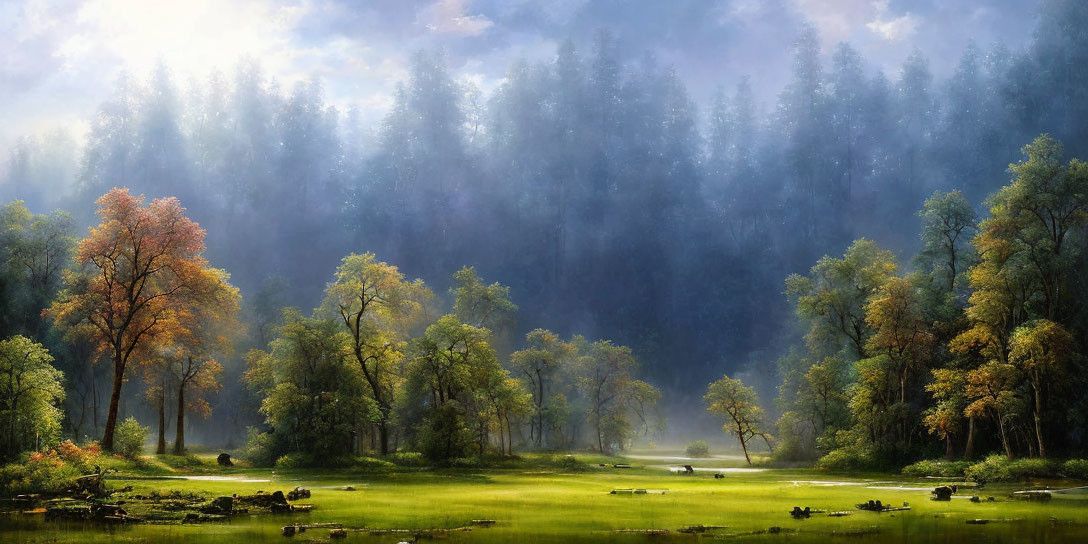 Tranquil forest landscape with sunlight, mist, green grass, and autumn trees