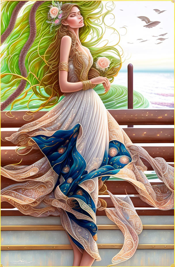 Illustration of woman with green hair on wooden pier by the sea