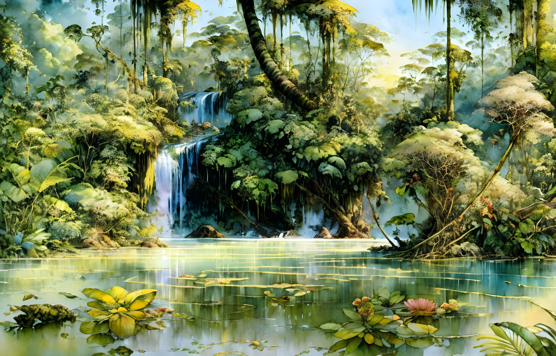 Lush Forest Waterfall with Serene Pond & Lotus Flowers