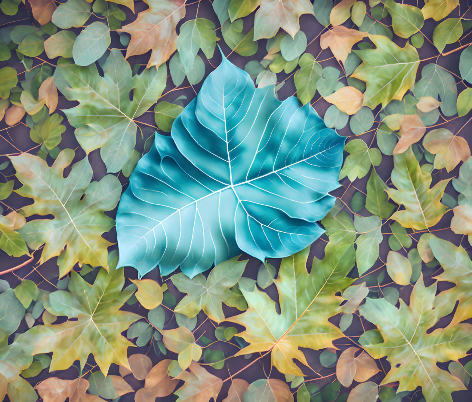 Vibrant turquoise leaf with veins, surrounded by green and yellow autumn leaves