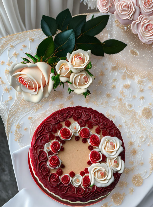 Red and Beige Cake with Rose Decorations and Sugar Flowers on Lace Tablecloth