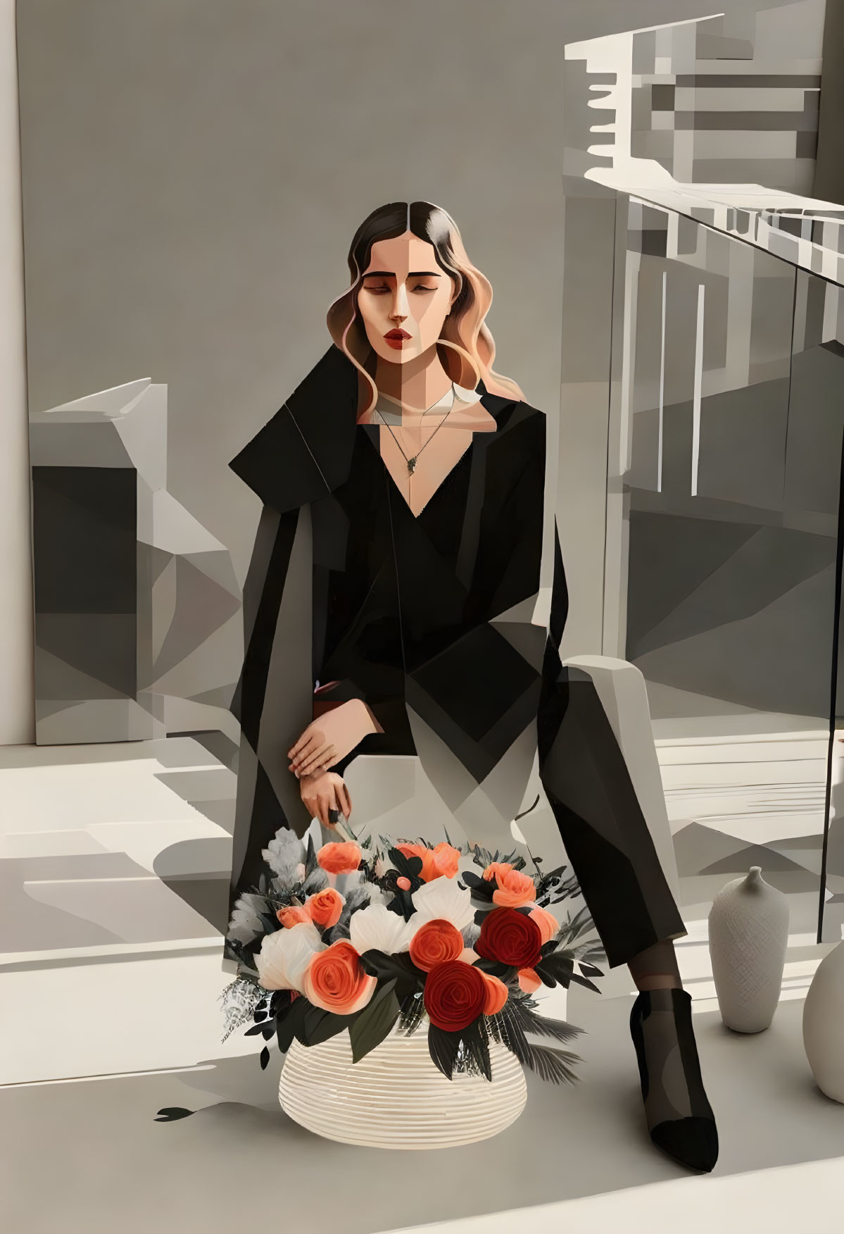 Illustrated woman in black outfit with orange roses in minimalistic interior