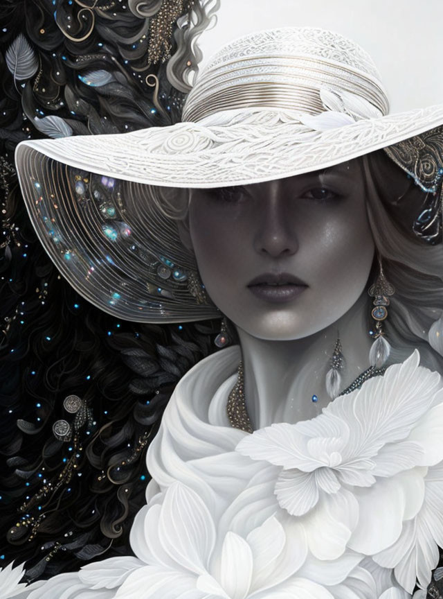 Detailed White Hat Woman with Feathers and Jewels in Dark Patterned Background