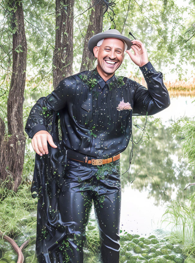 Cheerful person in black suit with polka dots and white hat by tree near water