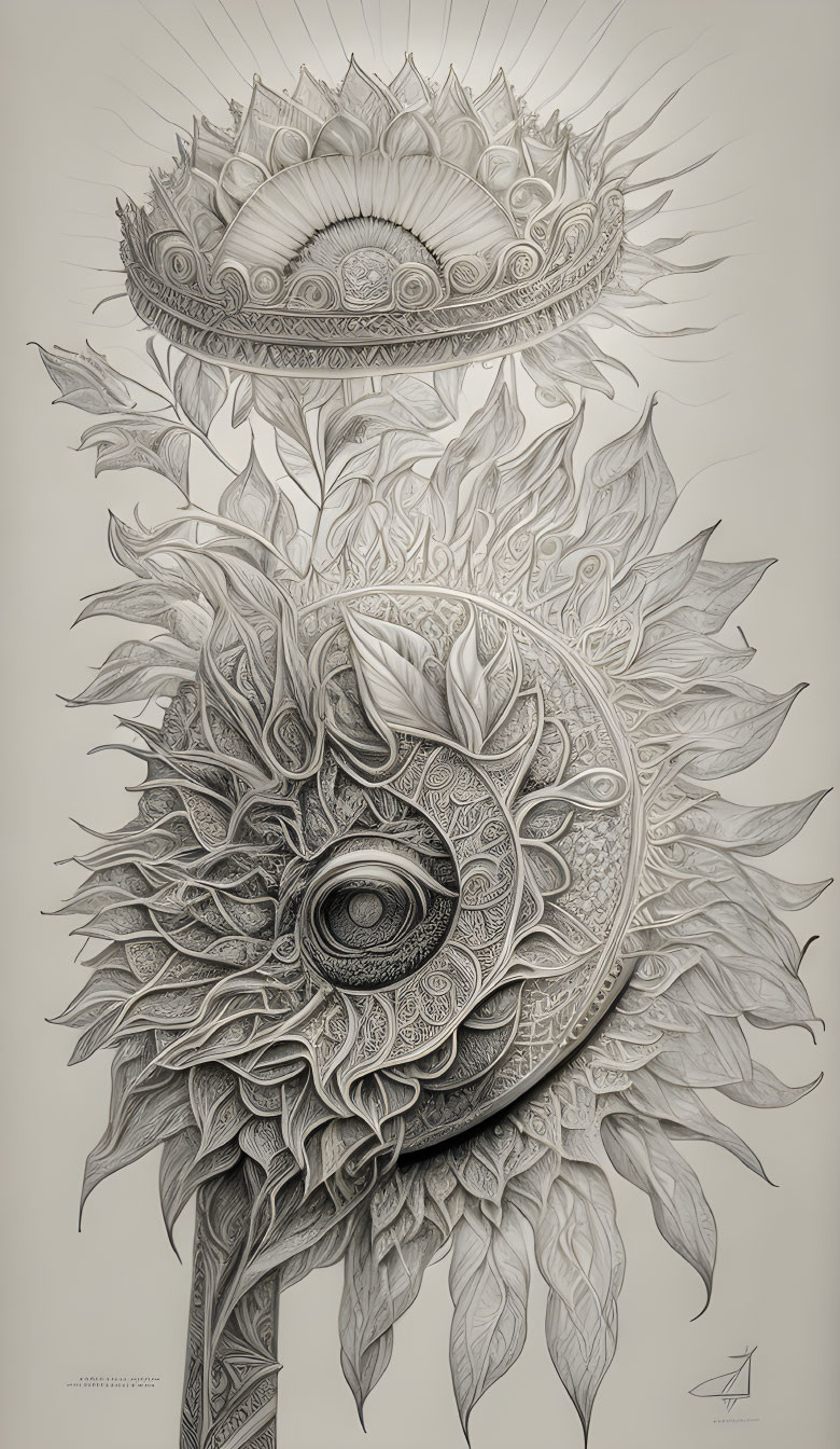 Detailed Monochrome Pen Illustration of Ornate Sunflower with Radiant Halo