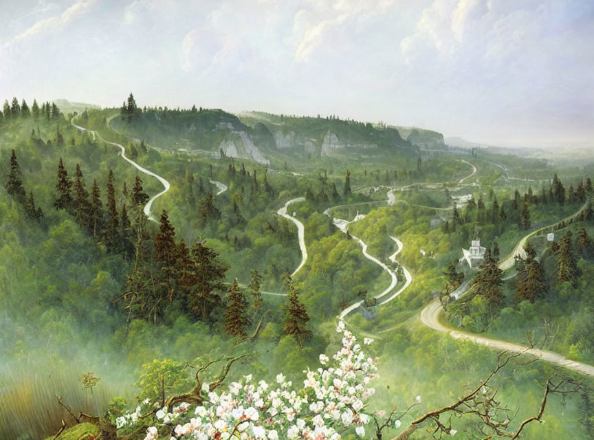 Serene landscape with winding road, lush greenery, and hidden house