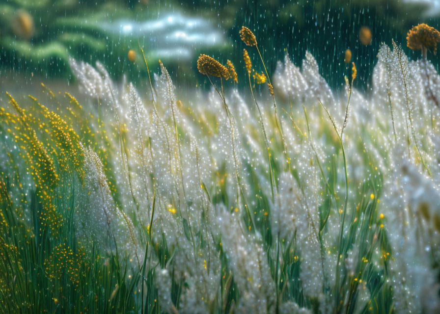 Tranquil meadow with raindrops on tall grass and wildflowers