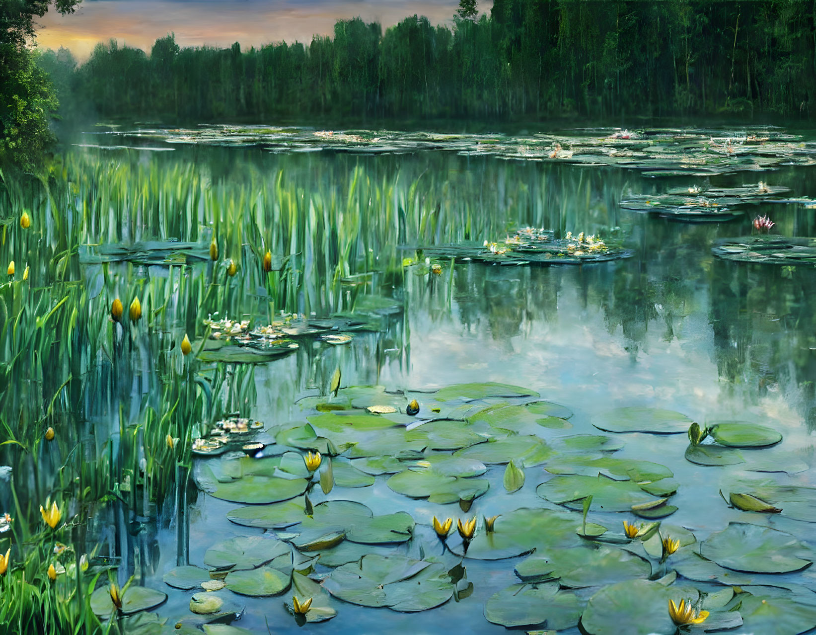 Tranquil lily pond at dusk with vibrant water lilies and reeds