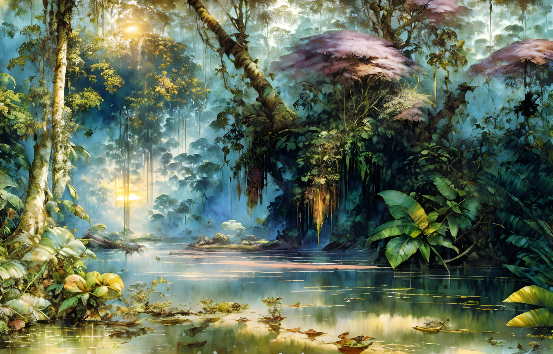 Mystical jungle scene with vibrant flora and tranquil river