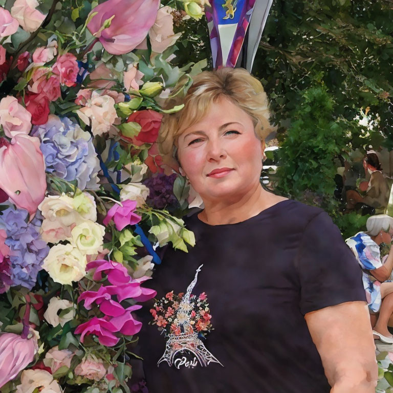 Woman posing in front of floral background with Paris motif black shirt