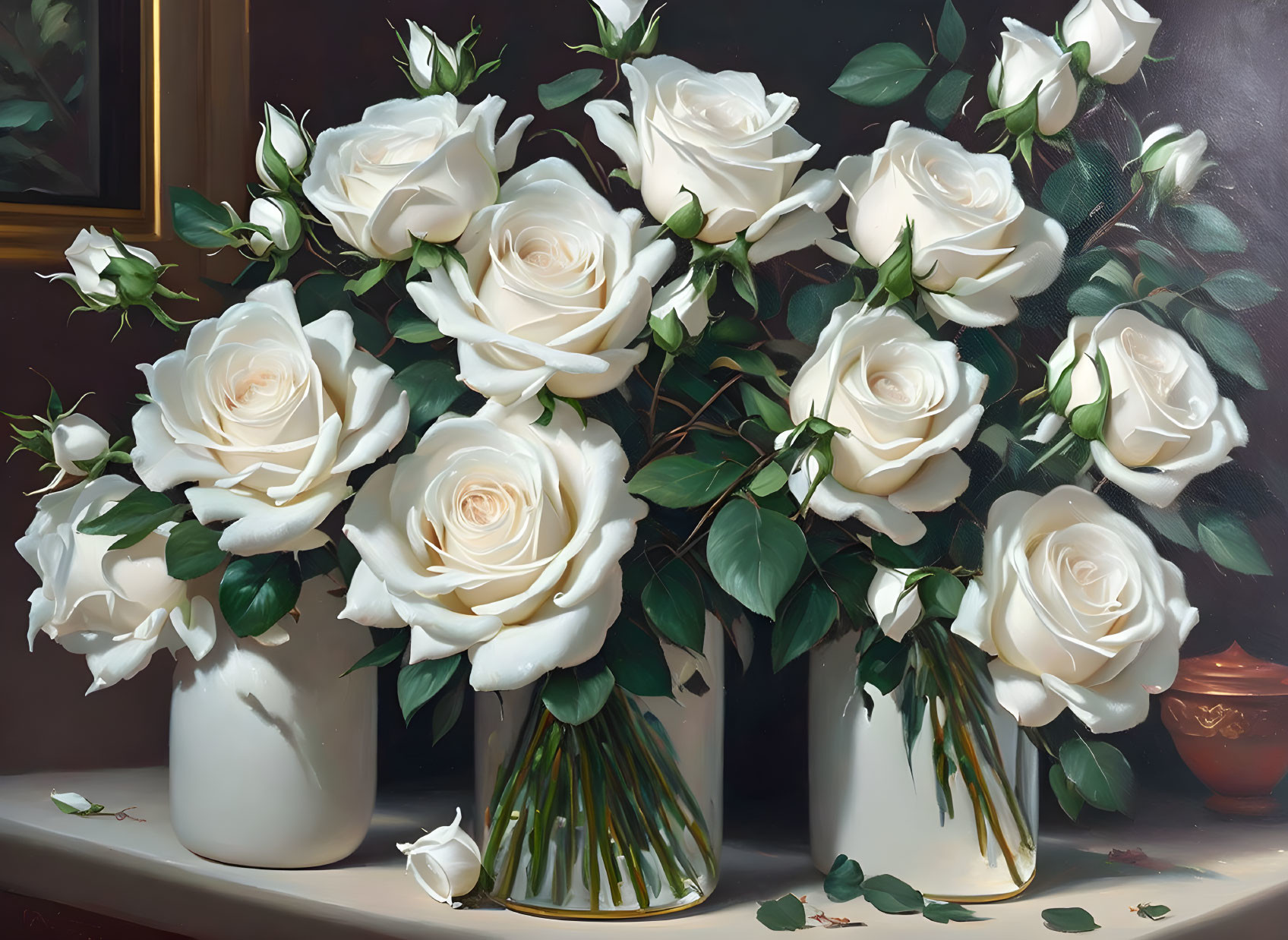 White Roses Still-Life Painting with Three Vases and Scattered Petals