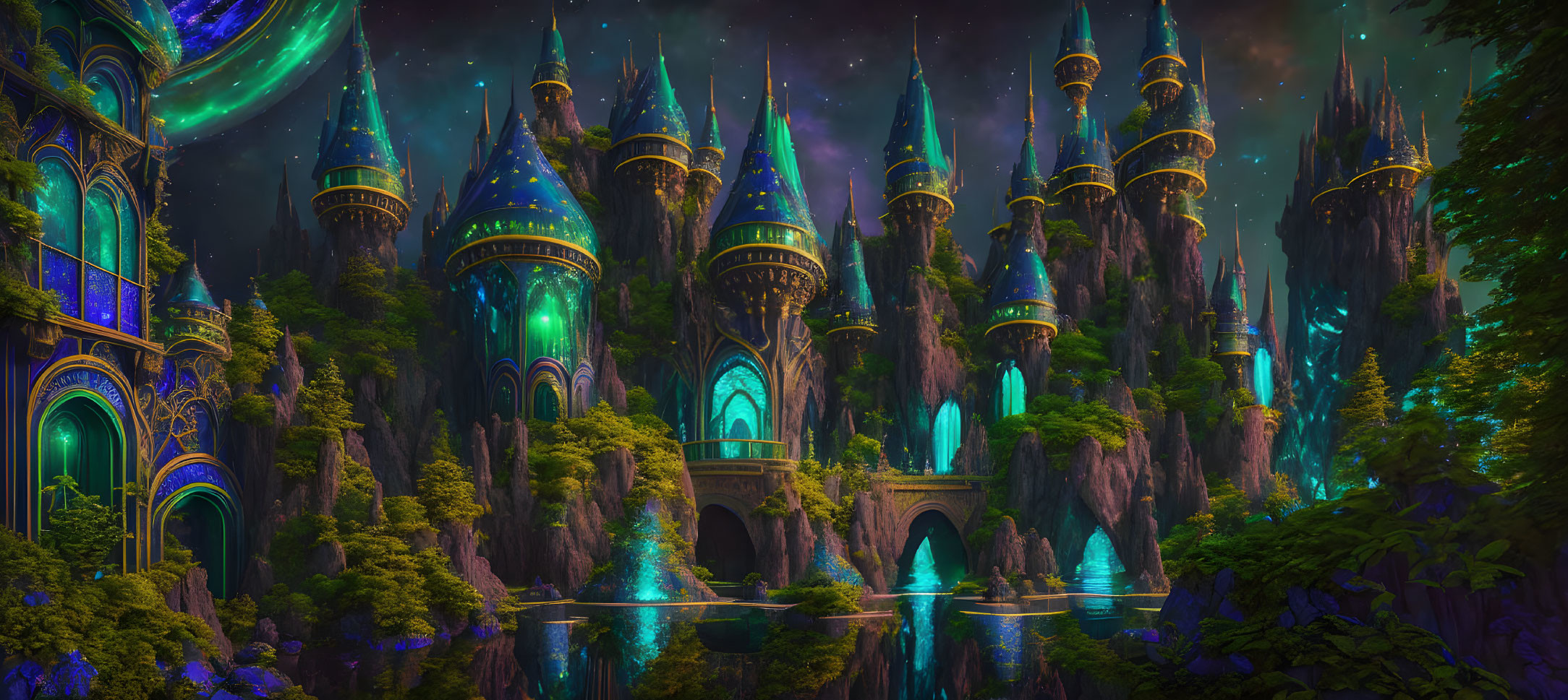 Fantastical castle at night in lush forest landscape