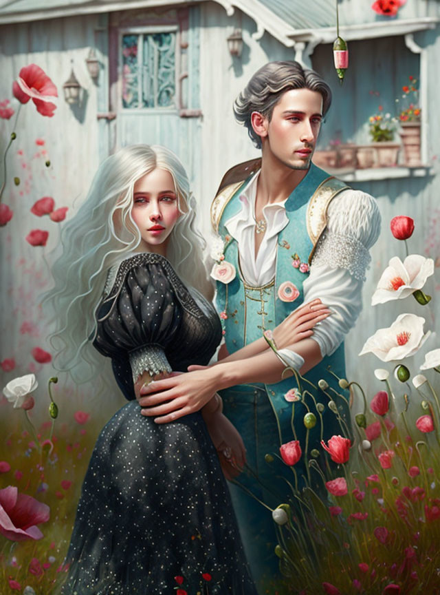 Illustrated couple in historical attire among blooming flowers