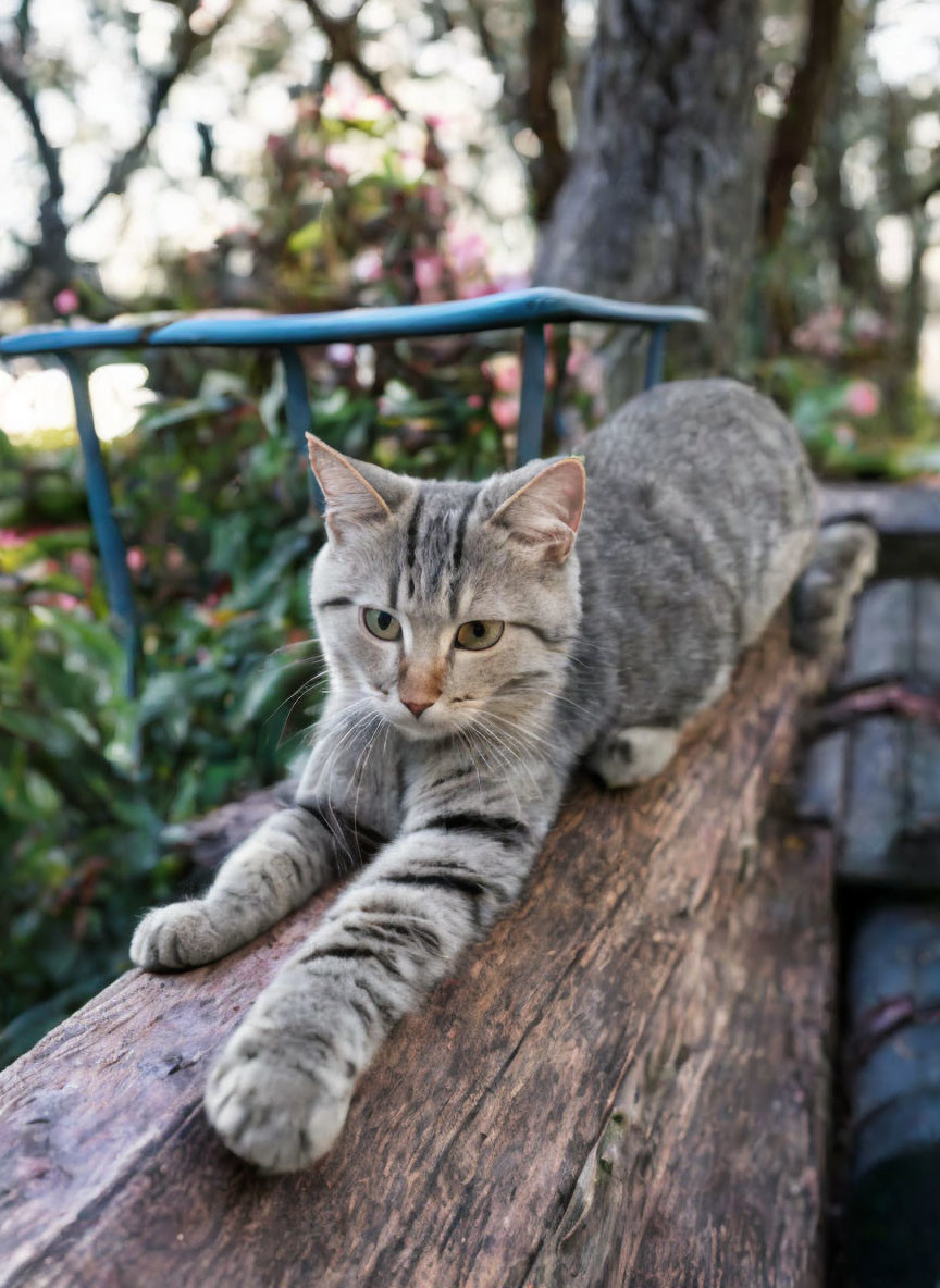 Gray Tabby Cat Relaxing on Wooden Bench Amid Greenery and Pink Flowers