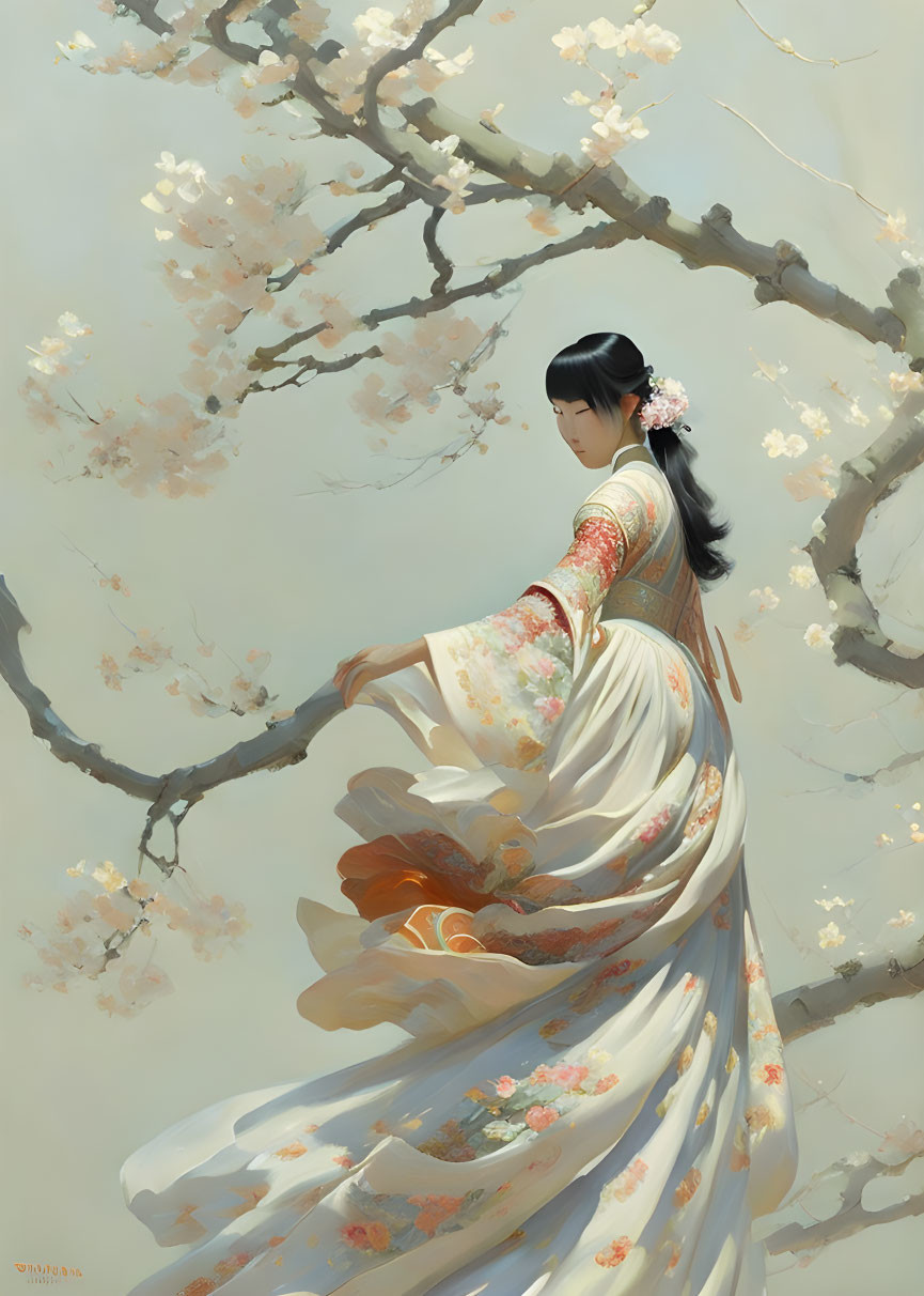 Woman in traditional dress reaching under cherry blossoms