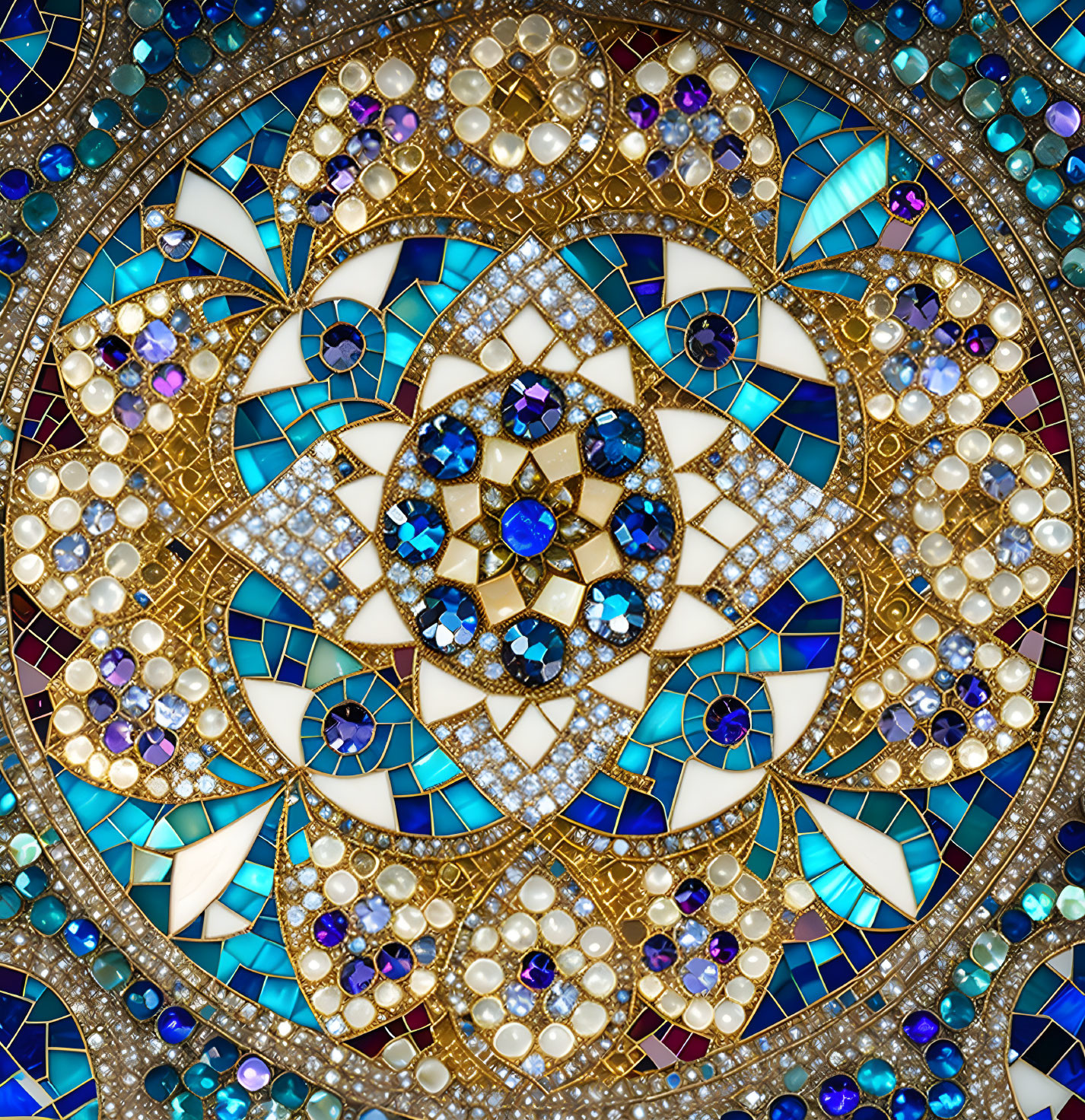 Symmetrical Blue, White, and Purple Glass Mosaic with Gold Accents