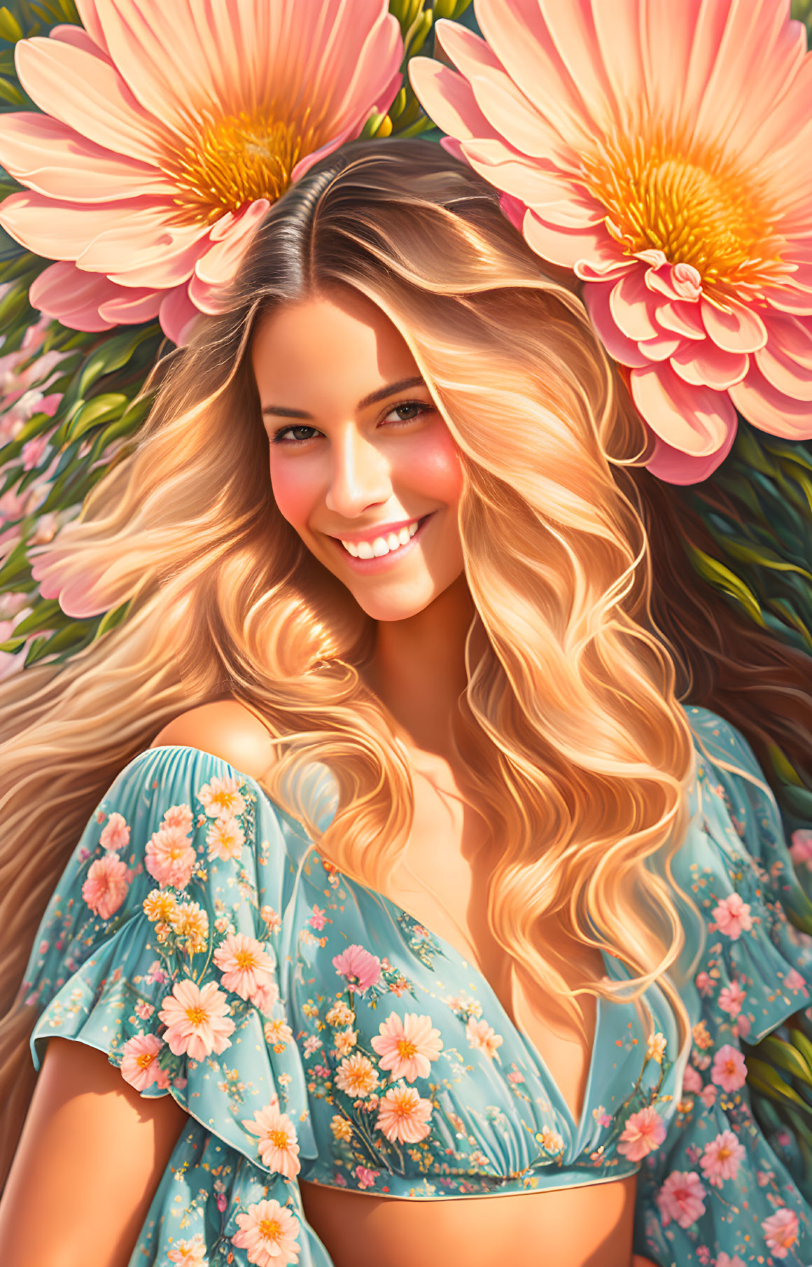 Blonde woman in floral dress surrounded by pink flowers