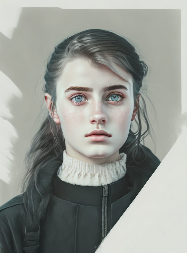 Portrait of young woman with blue eyes, dark hair, freckles, white turtleneck,