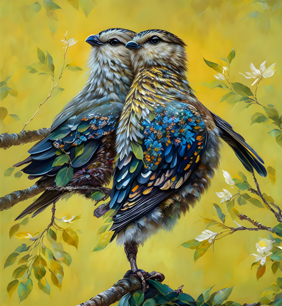 Detailed blue birds on branch with yellow floral background