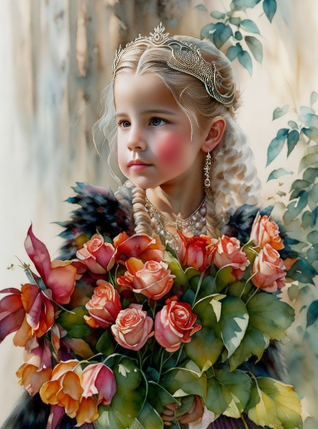 Young girl with braided hair and tiara holding colorful rose bouquet against botanical backdrop