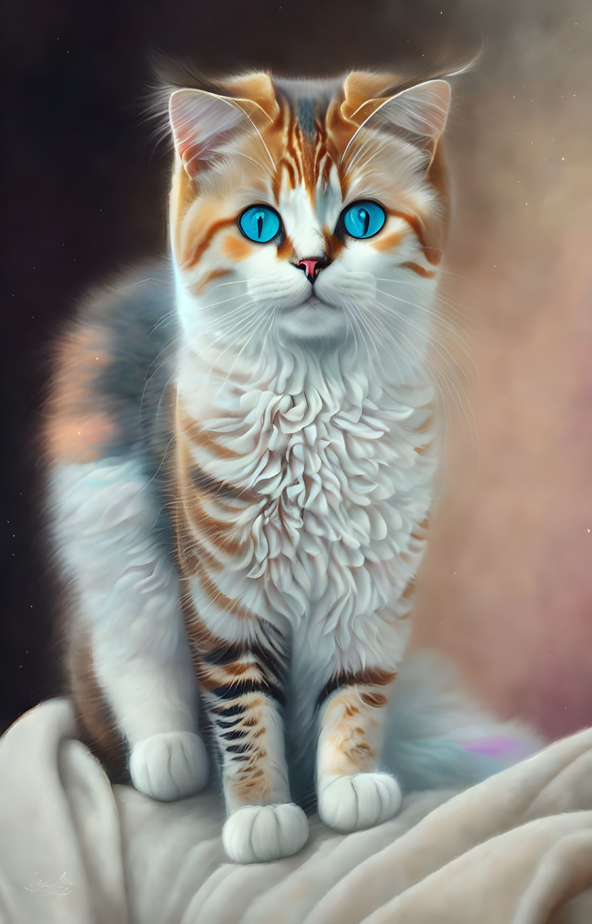 Detailed Fluffy Orange and White Cat with Blue Eyes Illustration