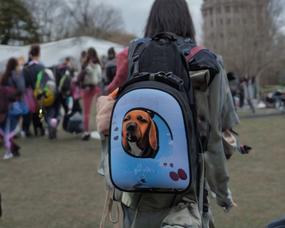 Person in Park with Dog-Printed Backpack