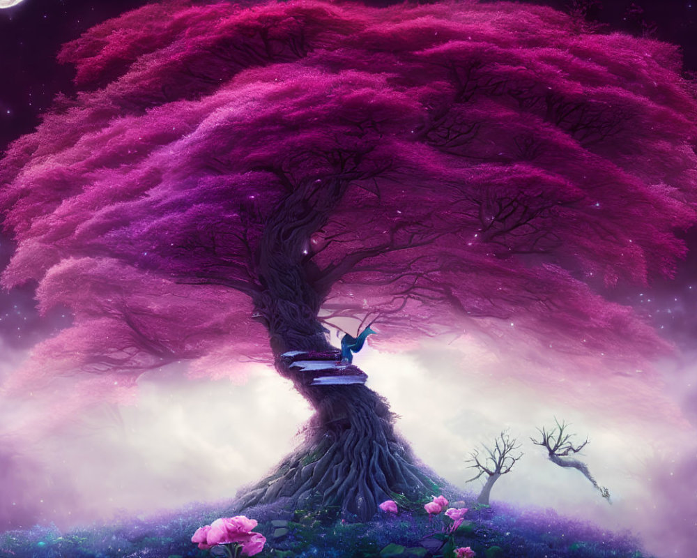 Gigantic pink tree in misty landscape under starry sky with crescent moon and flowers