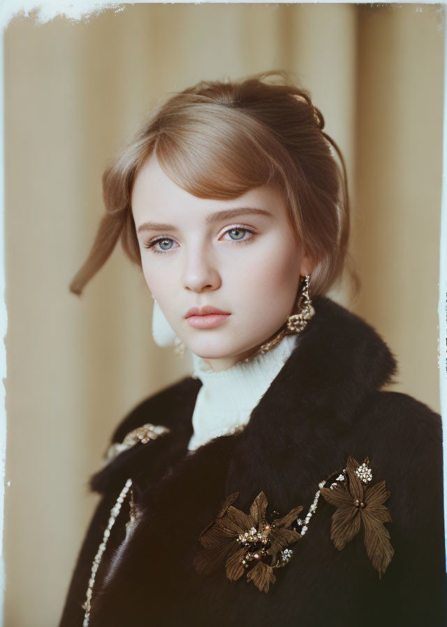 Young woman with blue eyes and updo hairstyle in black coat with gold details and large earrings on beige