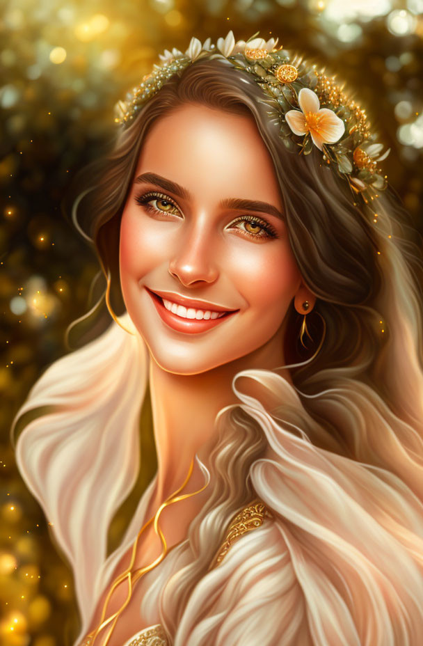 Smiling woman with wavy hair and flowers in golden light