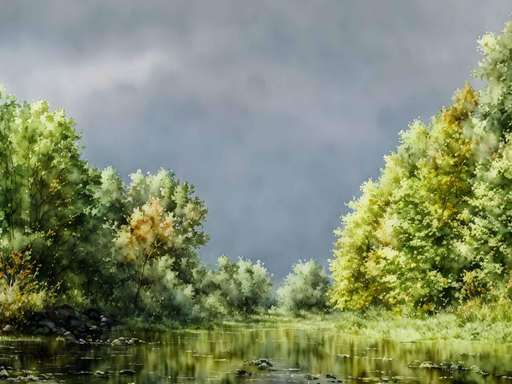 Tranquil river scene with lush green trees under cloudy sky