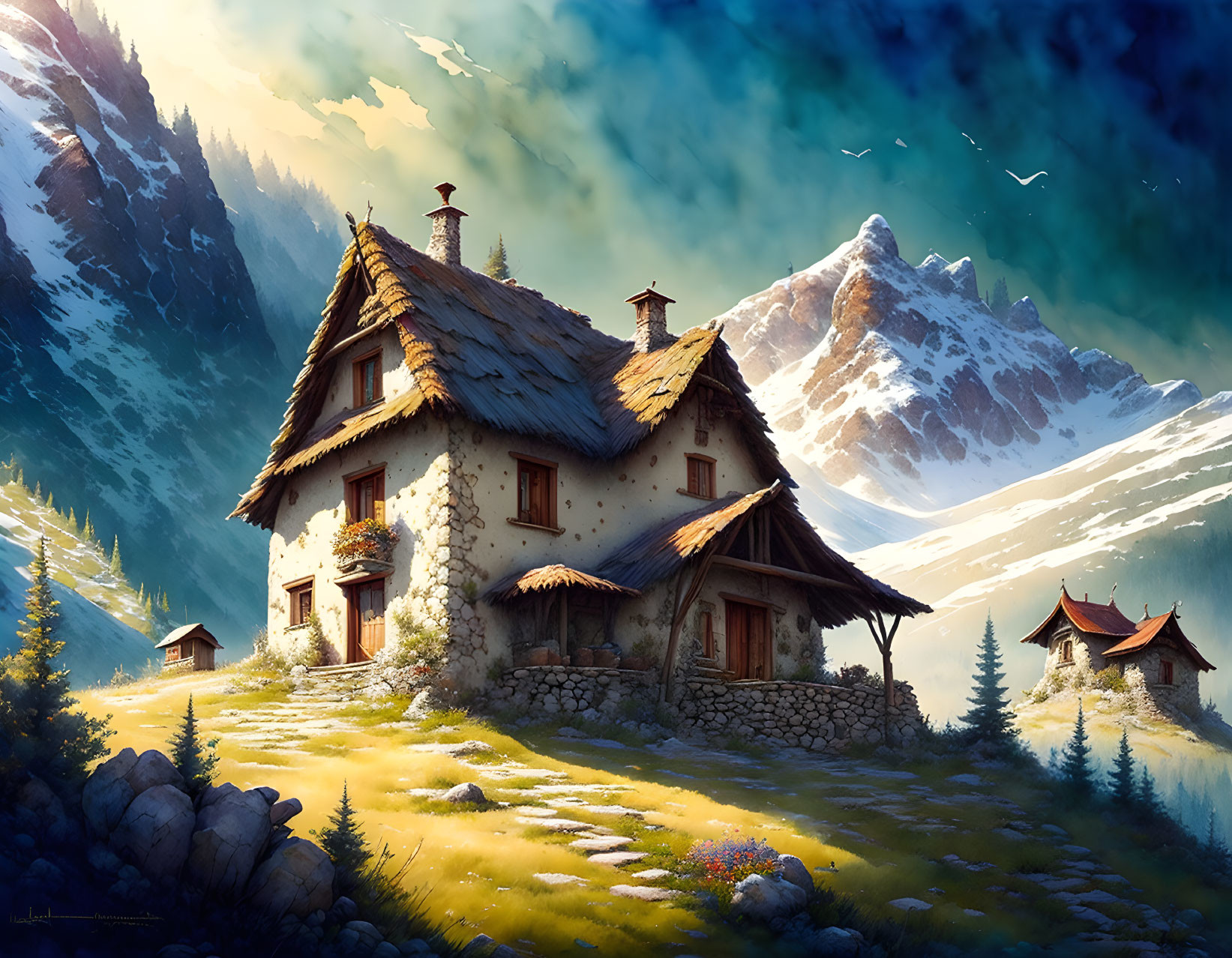 Tranquil fantasy scene: Stone cottage in mountain landscape