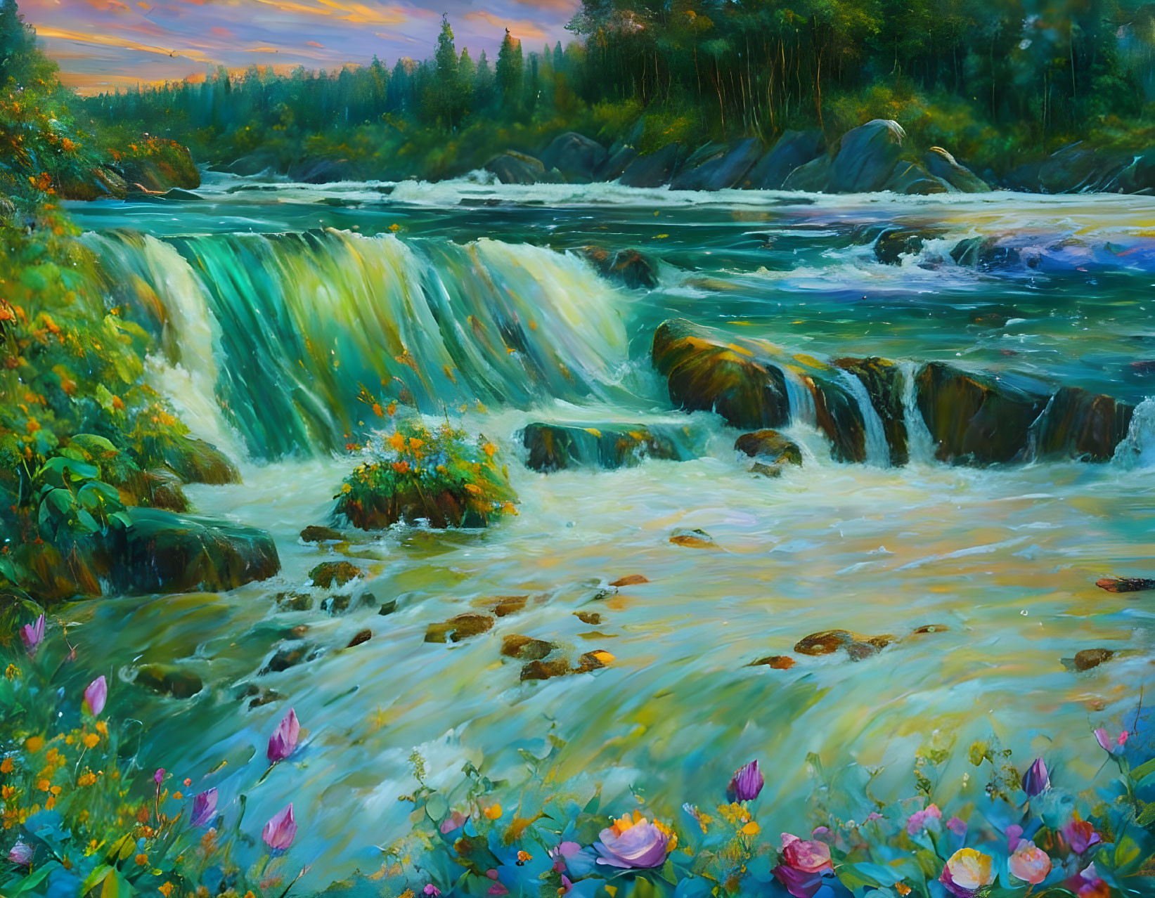 Scenic waterfall painting with lush foliage and colorful flowers