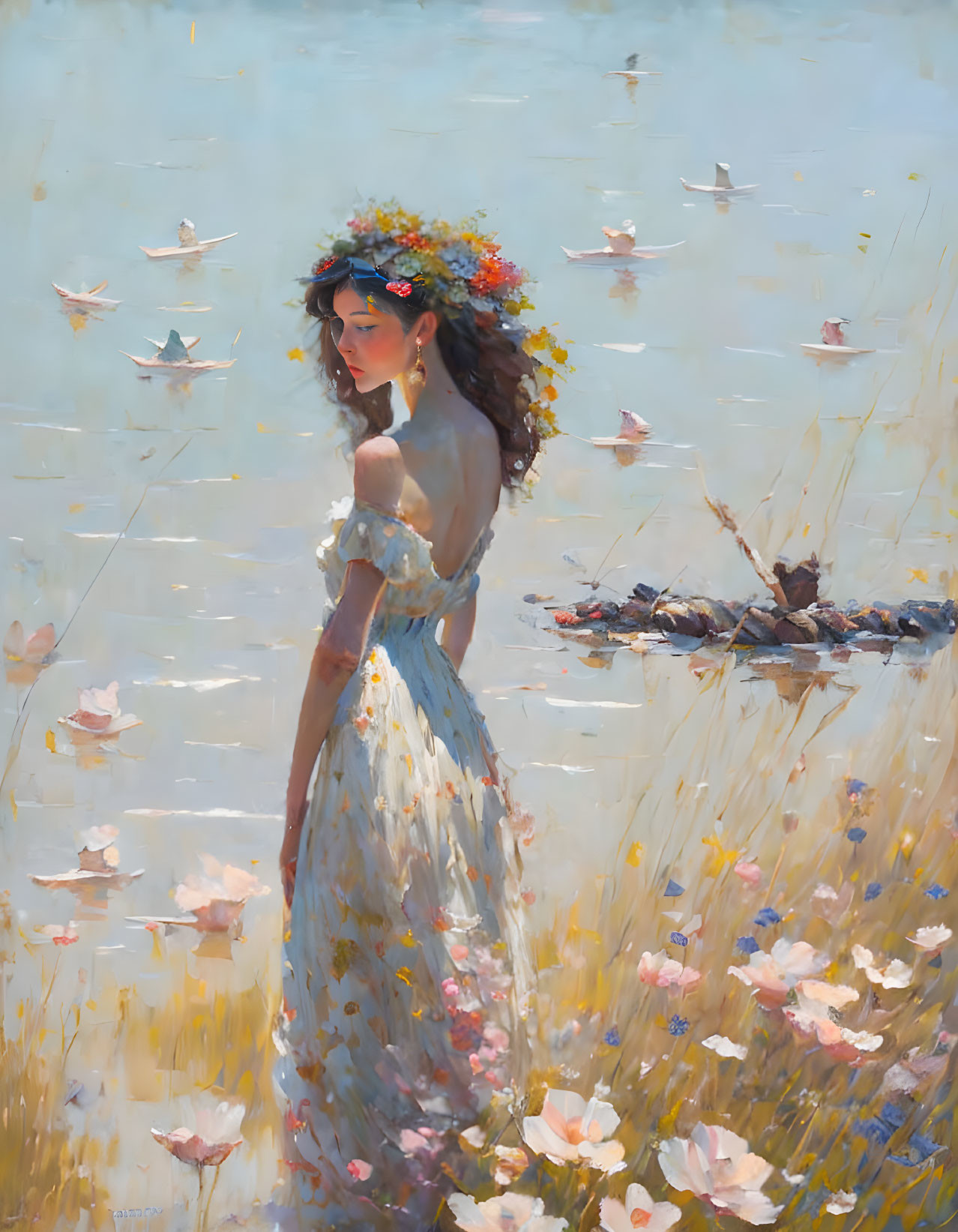 Woman in white floral dress surrounded by floating butterflies in serene field